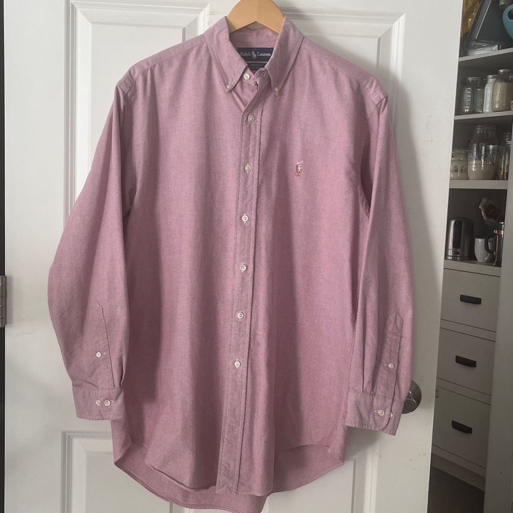 Ralph Lauren Yarmouth pink white cotton check button down shirt Sz 15.5 x 34/35